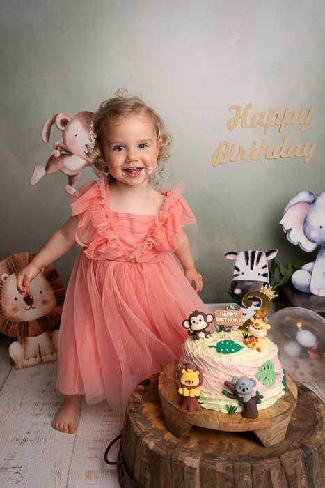 Cakesmash fotoshoot meisje met safari dieren en taart