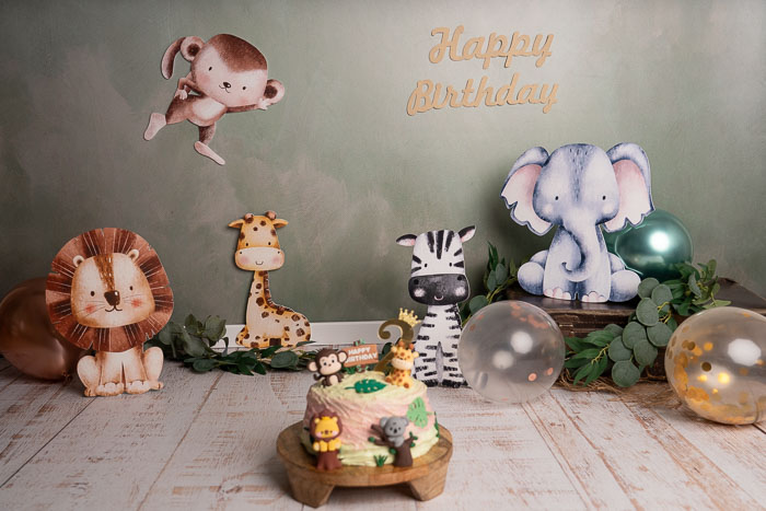 Cakesmash fotoshoot setting met safari dieren en ballonnen